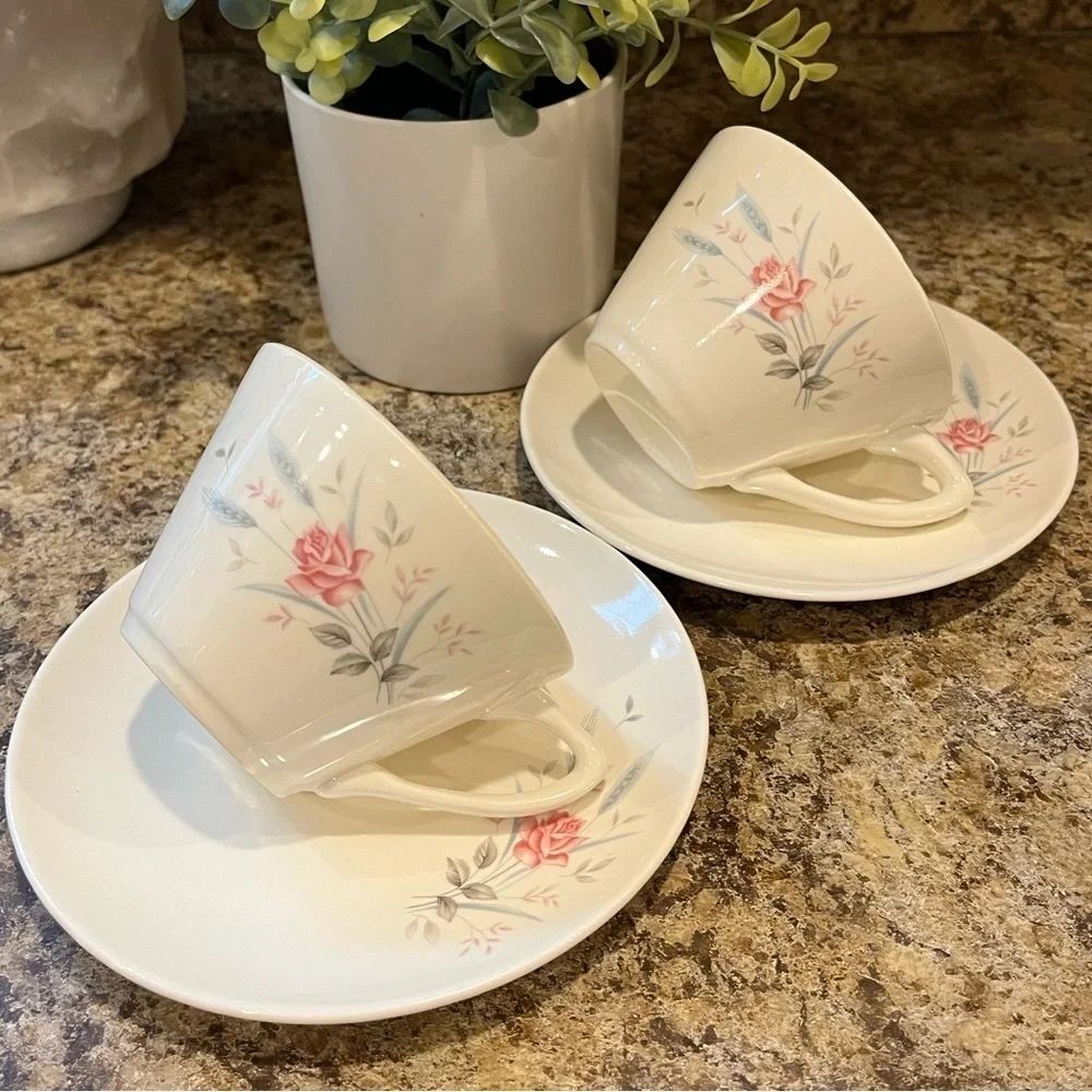 Vintage California Pottery USA Tea Cup and Saucer Pink Rose Grey Wheat Pattern